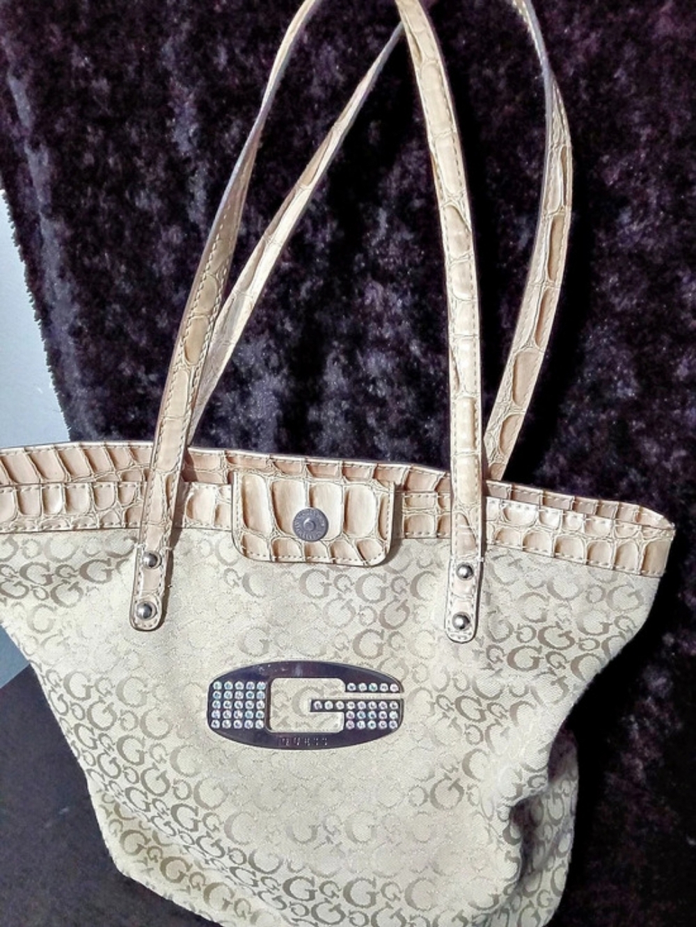 Vintage Y2K Guess Rhinestone Logo Tote in Beige